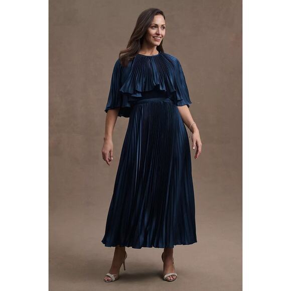 Mac Duggal 49638 Dark Blue Pleated Caplet Tea Length Dress $498 - Picture 1 of 9